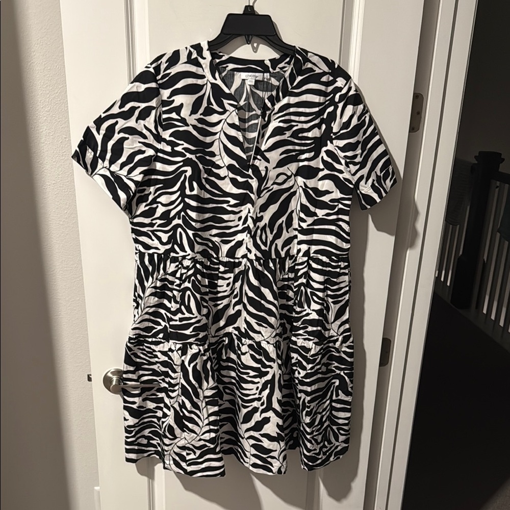 Chico's Black and White Relaxed Tunic with Mandarin Collar